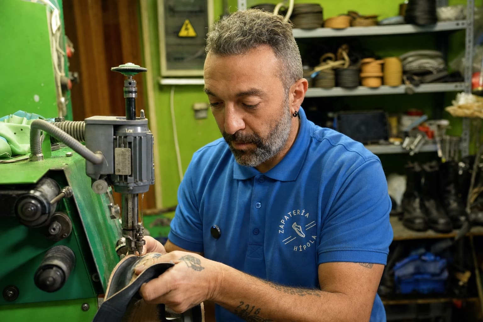 Kike recosiendo a máquina la pieza de piel de un zapato en el taller de Usera