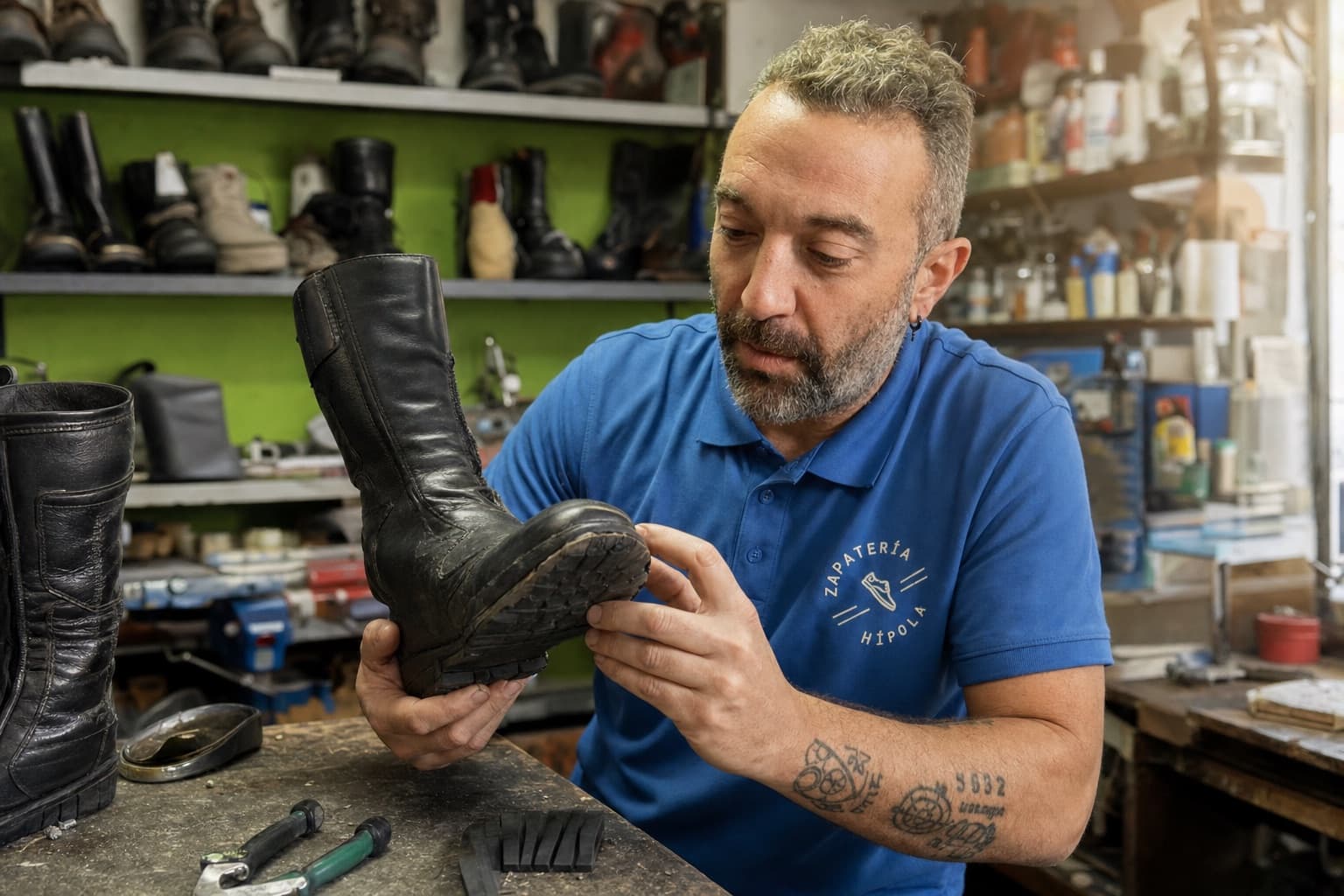 Kike revisando la suela desgastada de una bota de moto en el taller de Usera
