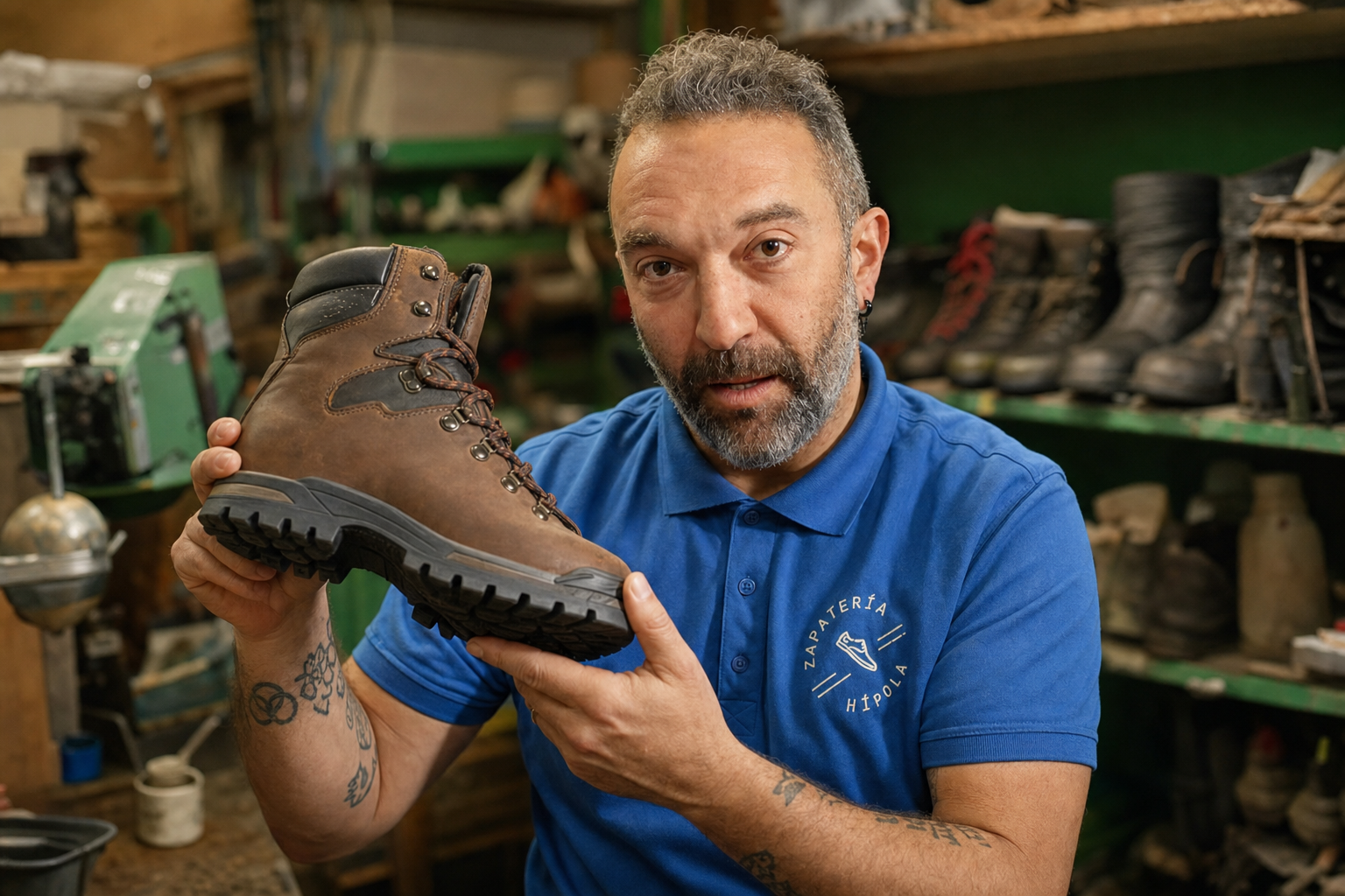 Maestro zapatero de Hípola revisando una bota de senderismo en el taller